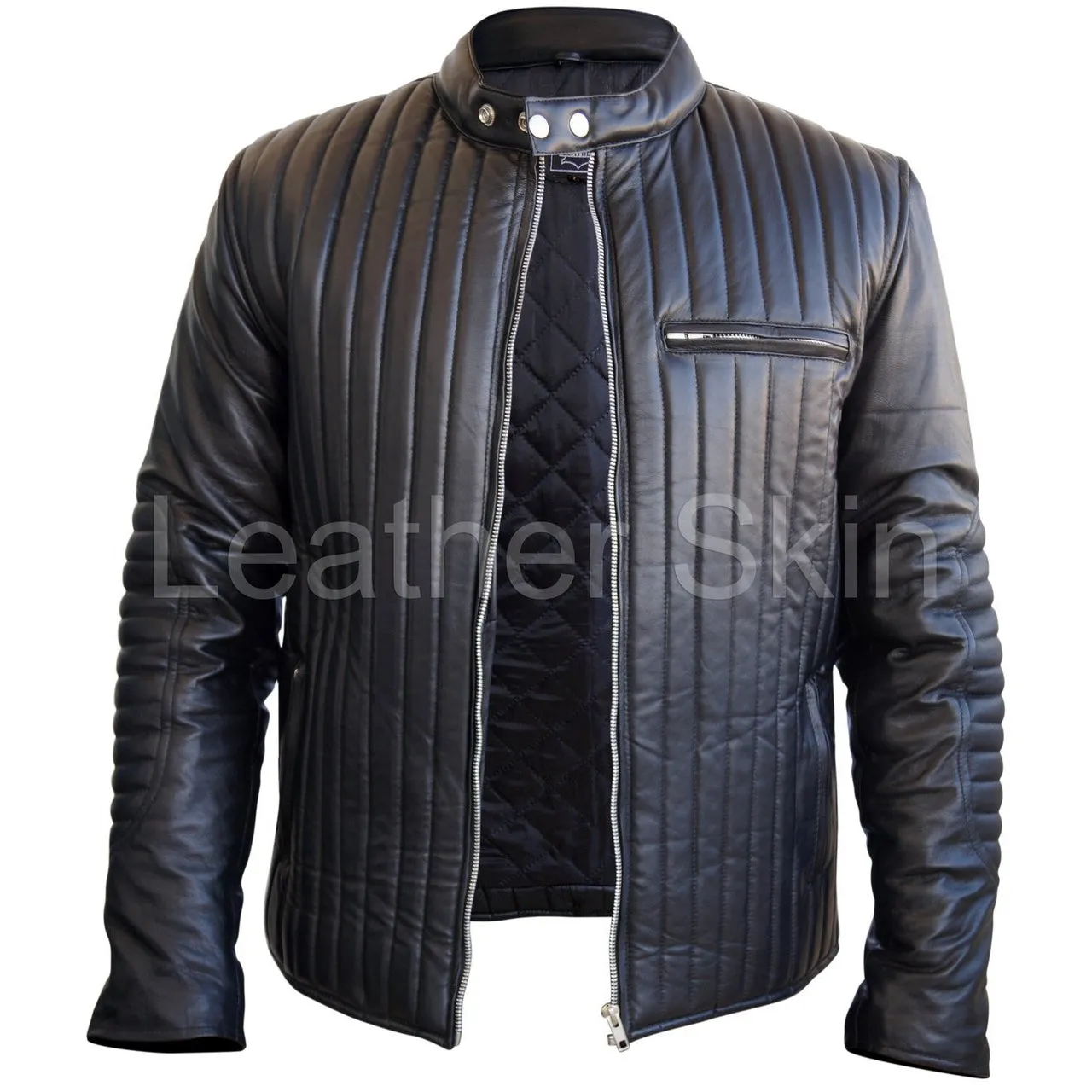 Leather Skin Men Black Rib Quilted Genuine Leather Jacket