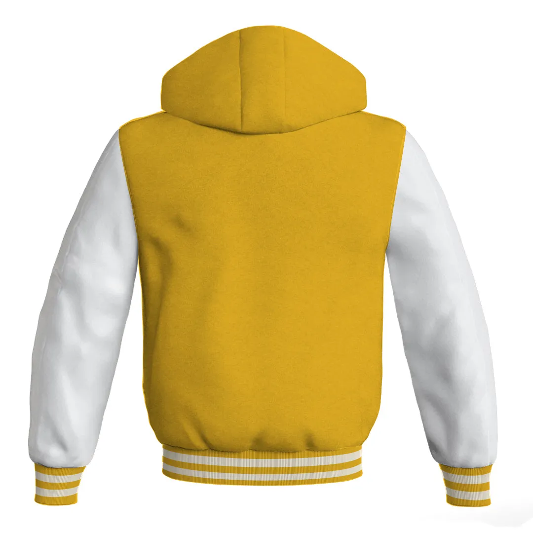 Letterman Bomber Hoodie Jacket Yellow/Gold Body White Leather Sleeves