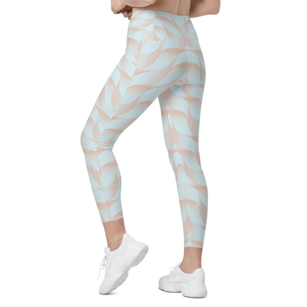 Light Blue & Apricot Wave Leggings with Pockets