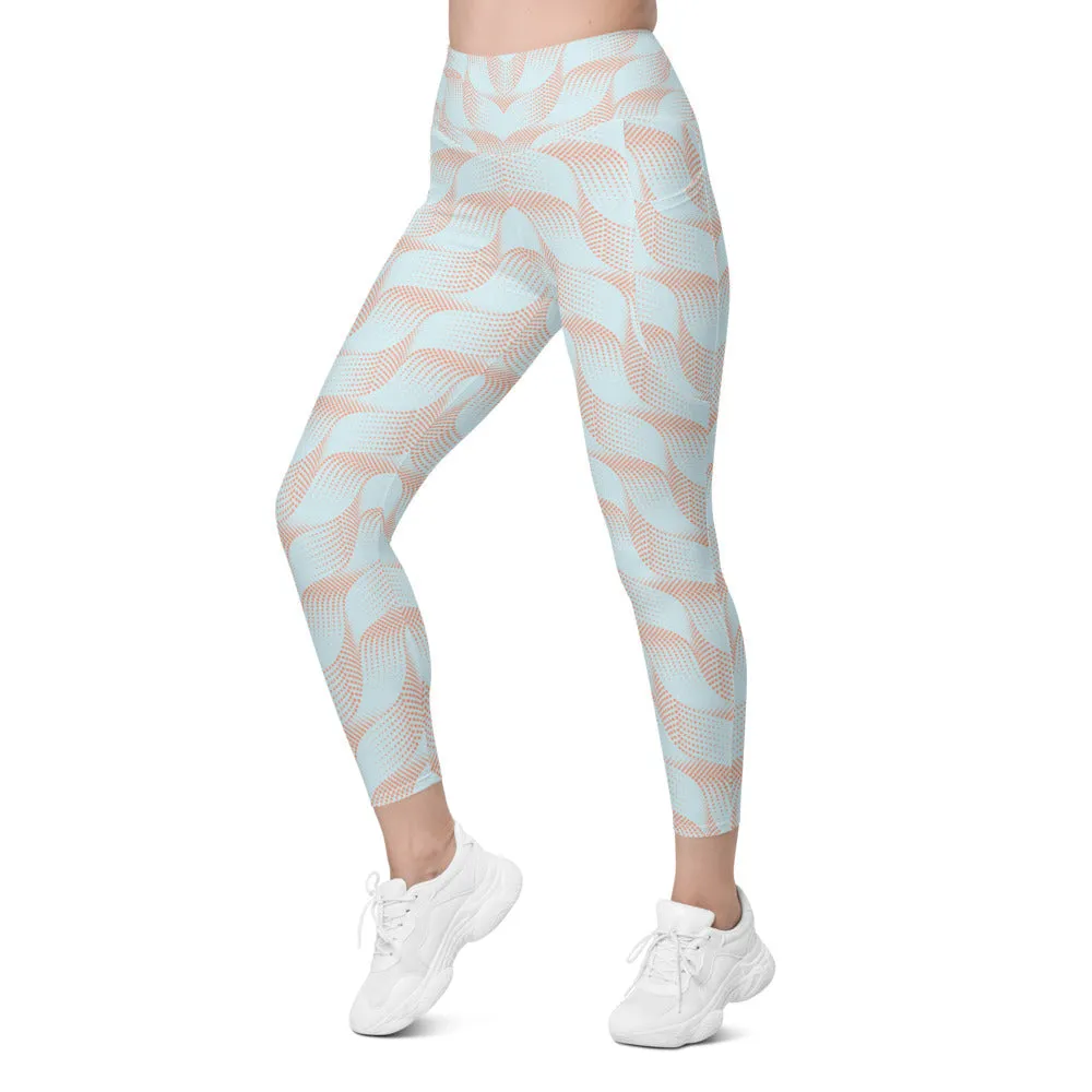 Light Blue & Apricot Wave Leggings with Pockets