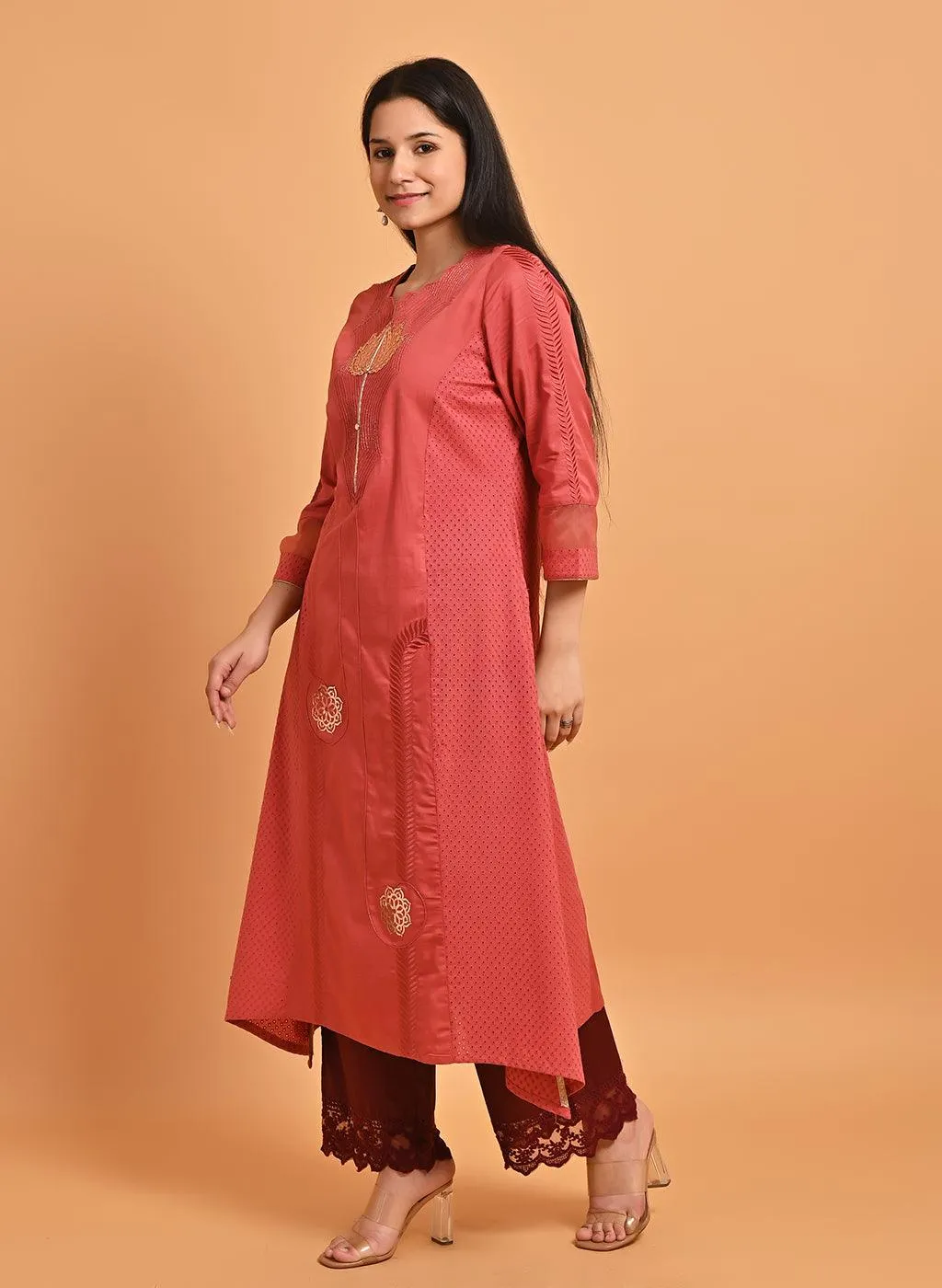 Light Maroon Embroidered Cotton Kurta with 3/4th Sleeves and Asymmetrical Hem