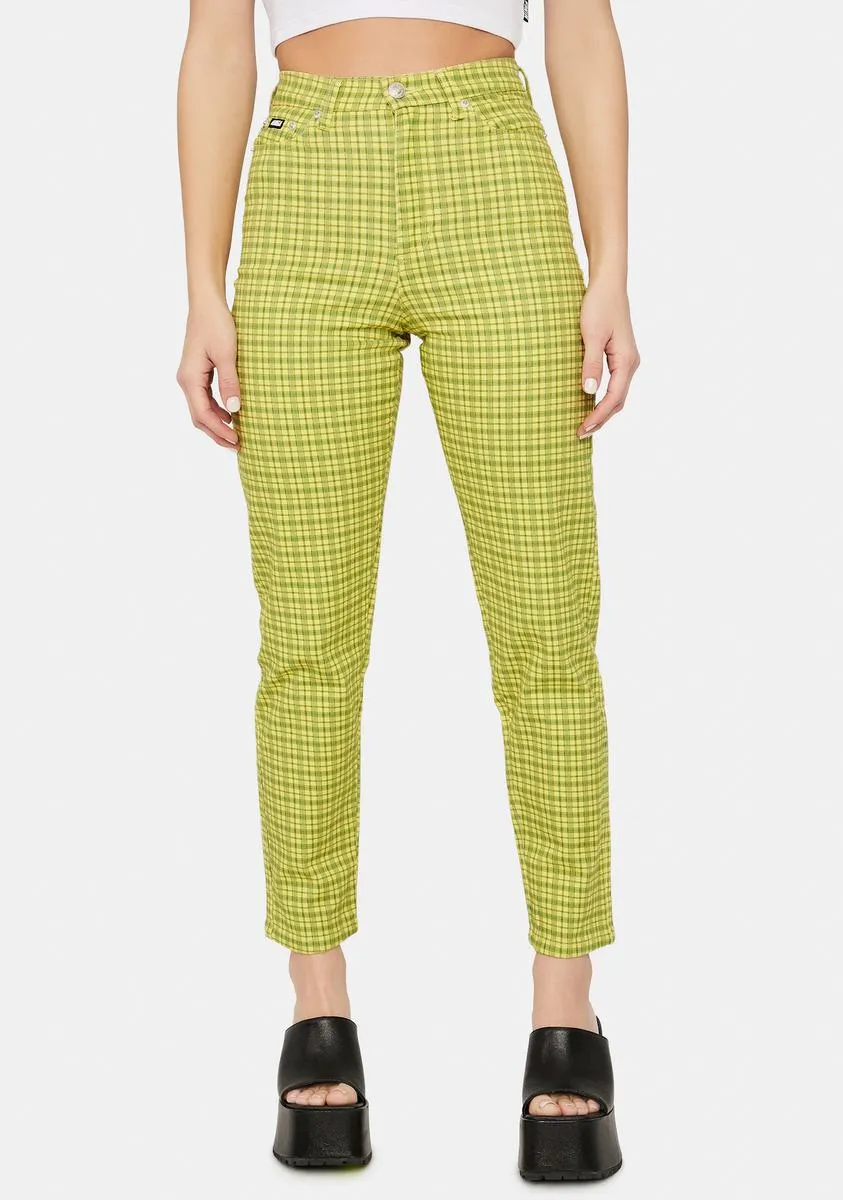 Lime Green Checkered Denim Mom Jeans