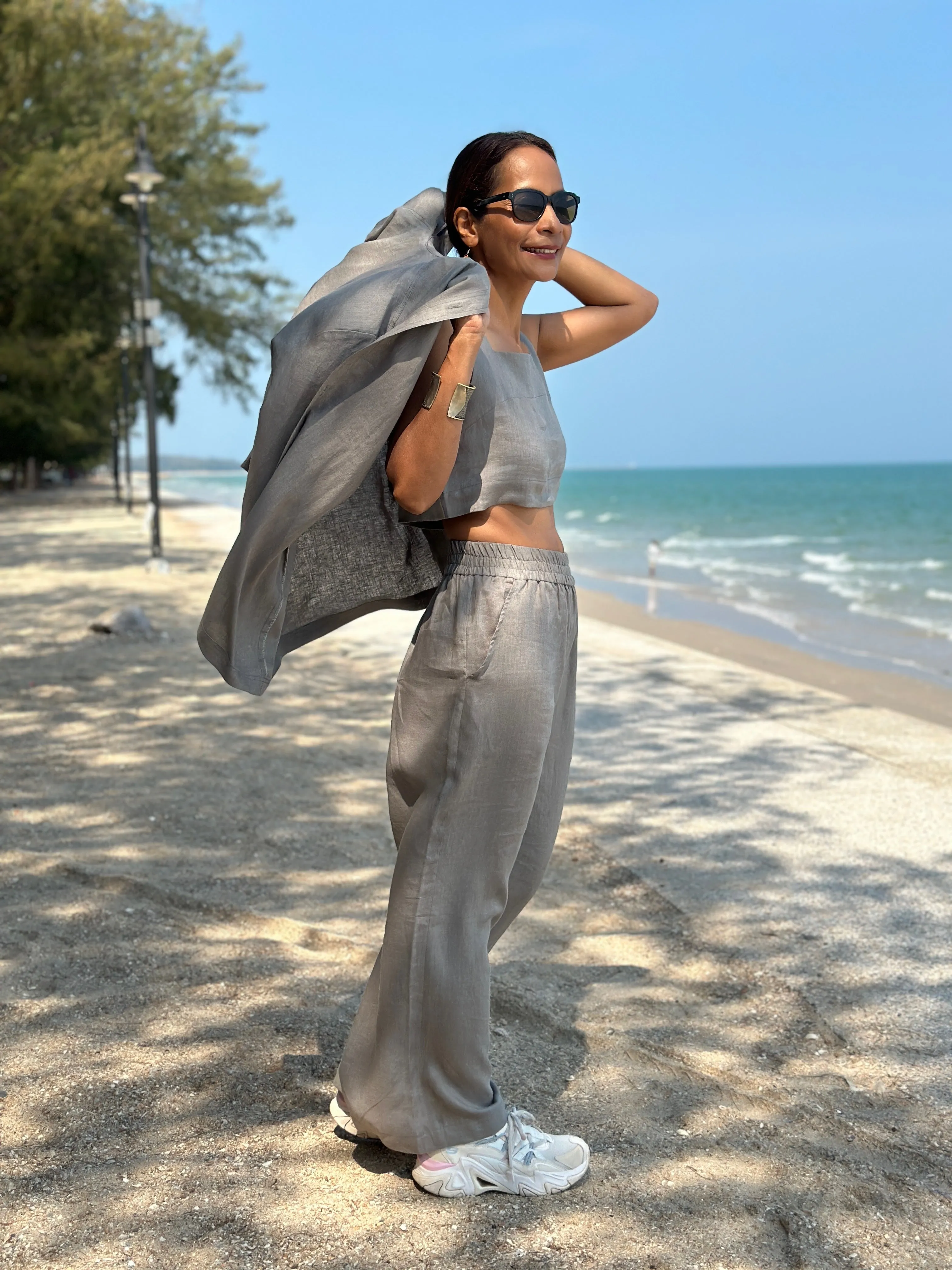 Linen top, blouse vest and pants set