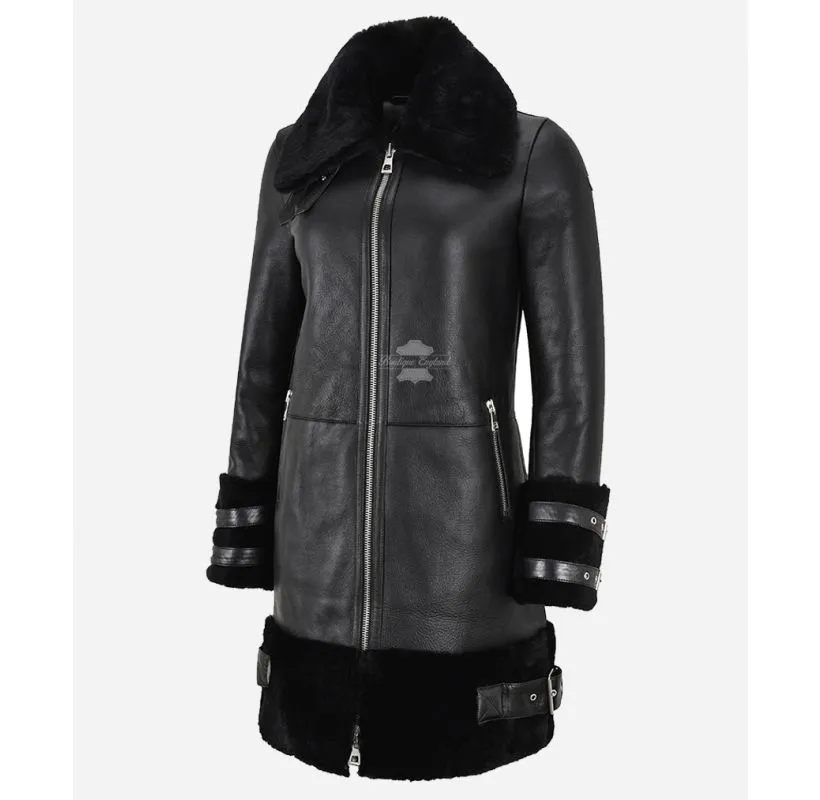 LOUANE Sheepskin Coat Ladies 3/4 Length Black Shearling Fur Winter Coat