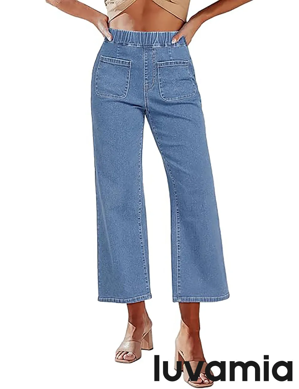 LUVAMIA Women's Cropped Denim High Waisted Jeans Stretch Wide Leg