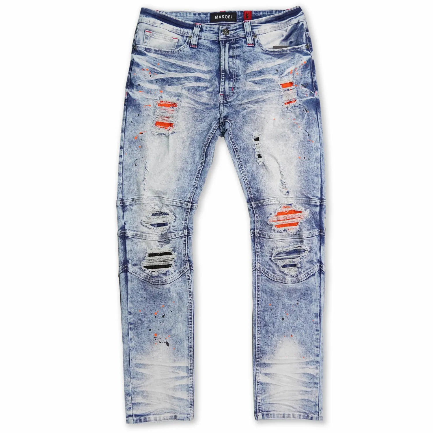 M1749 Makobi Sanded Biker Jeans with Rip & Repair - Light Wash