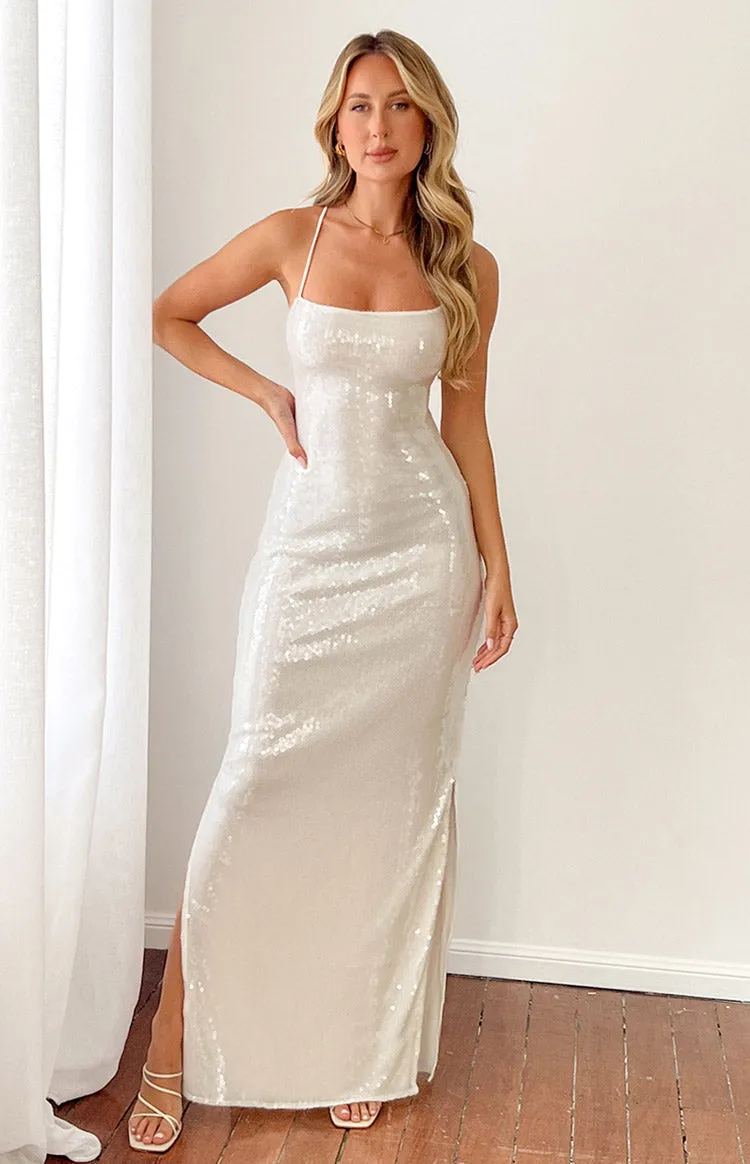 Manhattan White Sequin Slip Maxi Formal Dress