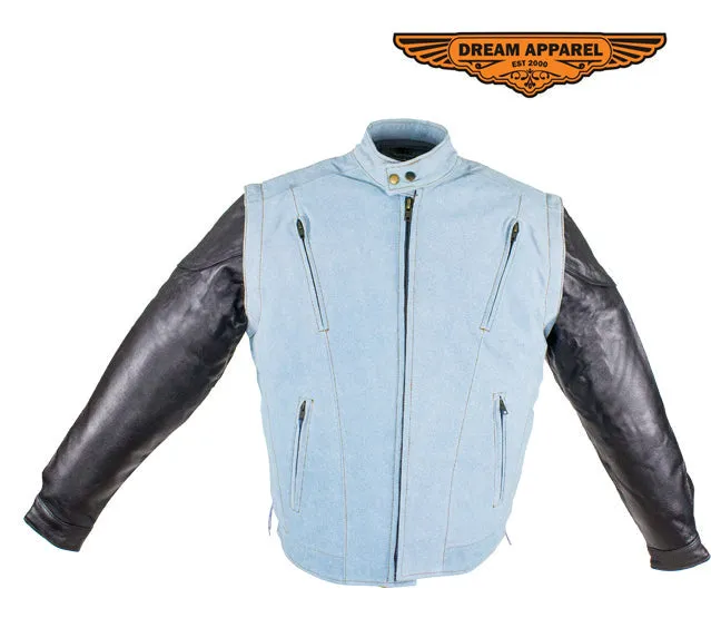 Men's Denim-like Leather Racer Jacket W/ Removable Sleeves