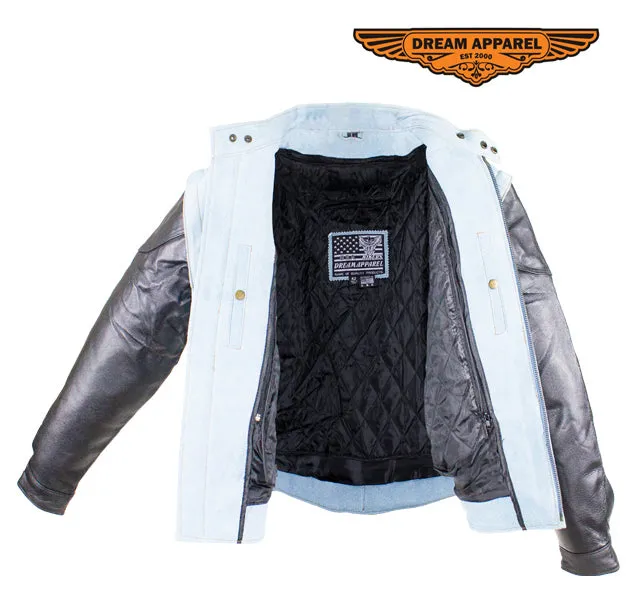 Men's Denim-like Leather Racer Jacket W/ Removable Sleeves