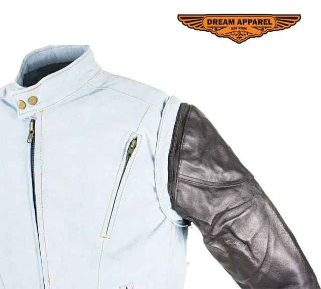 Men's Denim-like Leather Racer Jacket W/ Removable Sleeves