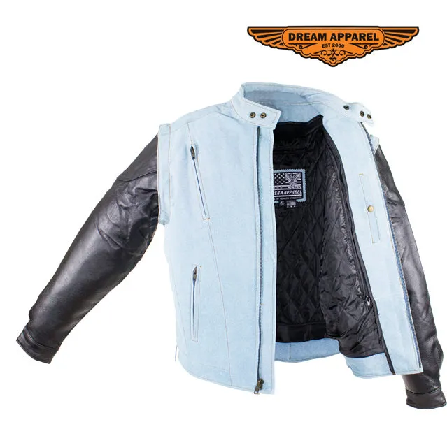 Men's Denim-like Leather Racer Jacket W/ Removable Sleeves