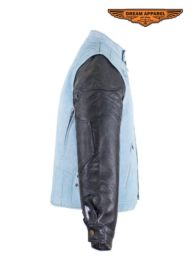 Men's Denim-like Leather Racer Jacket W/ Removable Sleeves