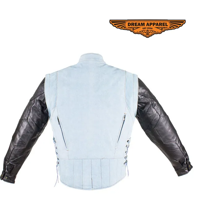 Men's Denim-like Leather Racer Jacket W/ Removable Sleeves