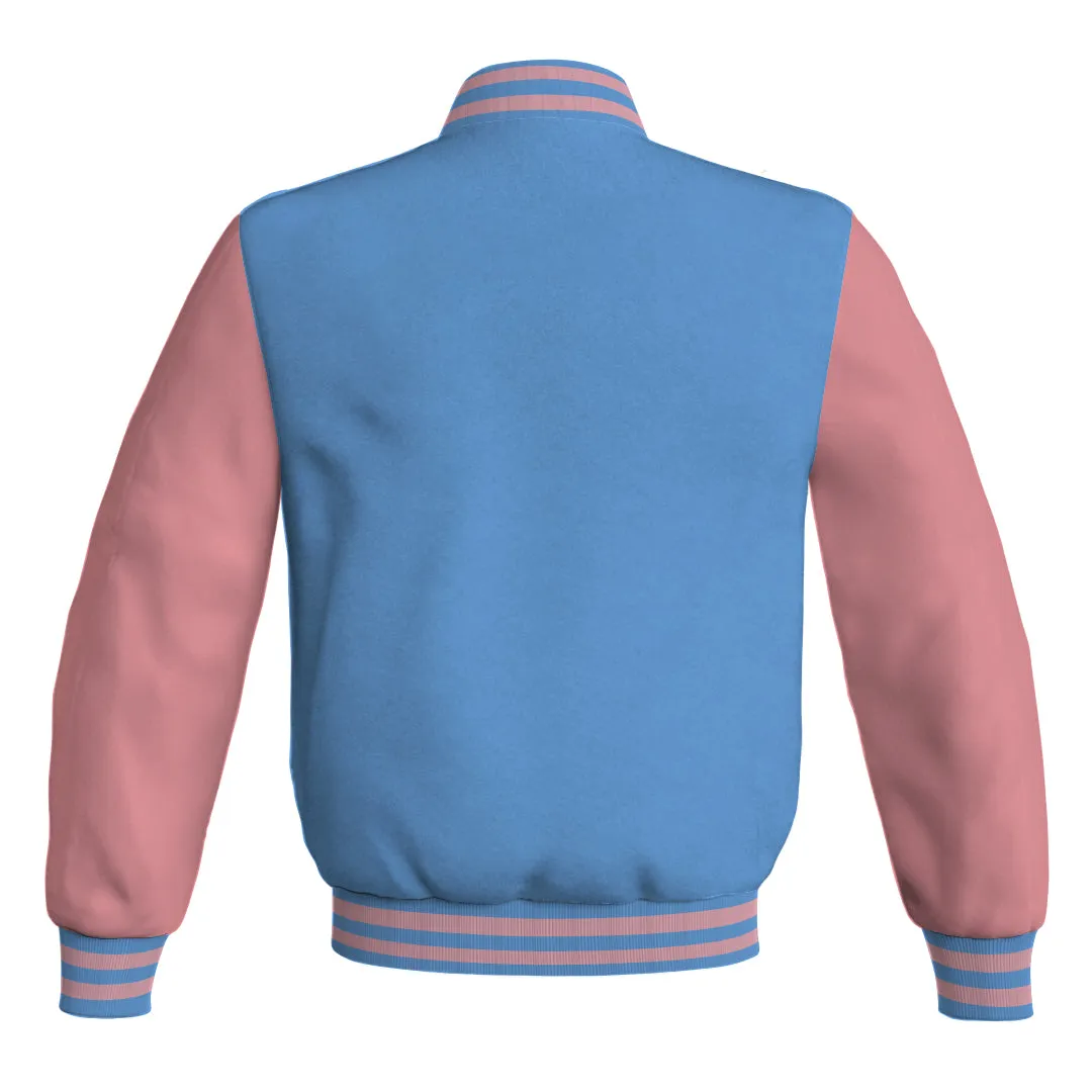 Mens Letterman Jacket Sky Blue Body and Pink Leather Sleeves Bomber Jacket