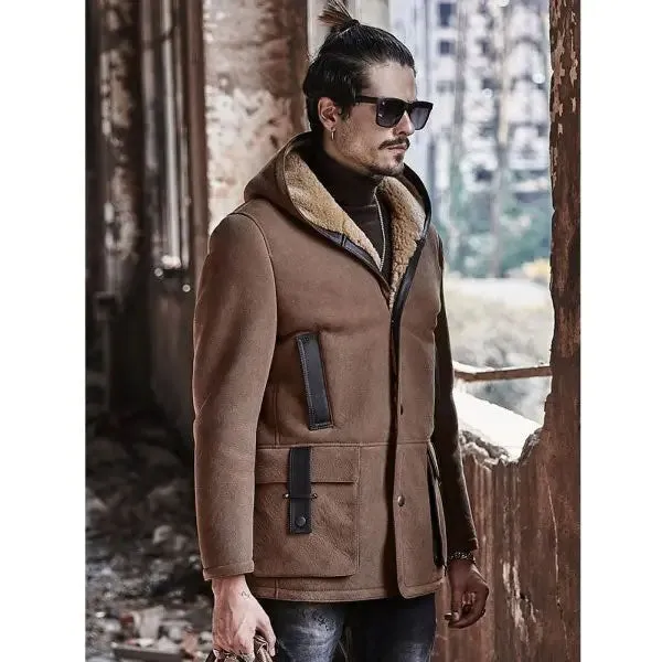 Men's Shearling Hooded Suede Leather Bomber Long Jacket Trench Coat