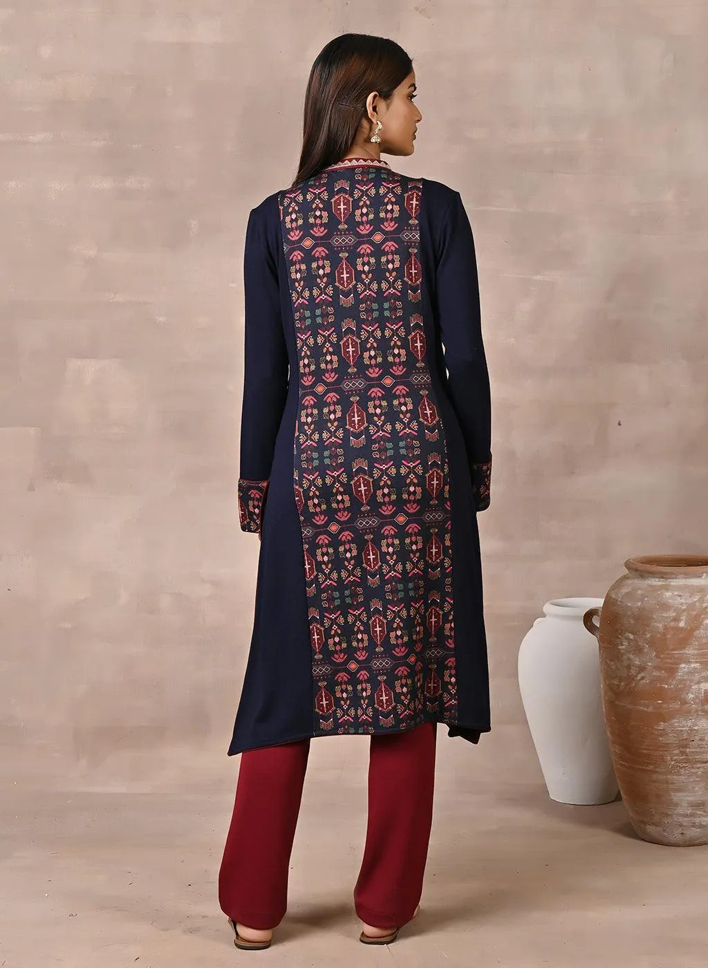 Midnight Blue Solid Kurta with Tribal Embroidery and Curved Hem