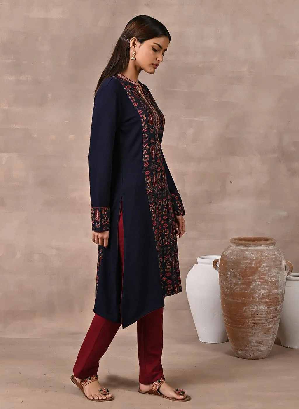 Midnight Blue Solid Kurta with Tribal Embroidery and Curved Hem