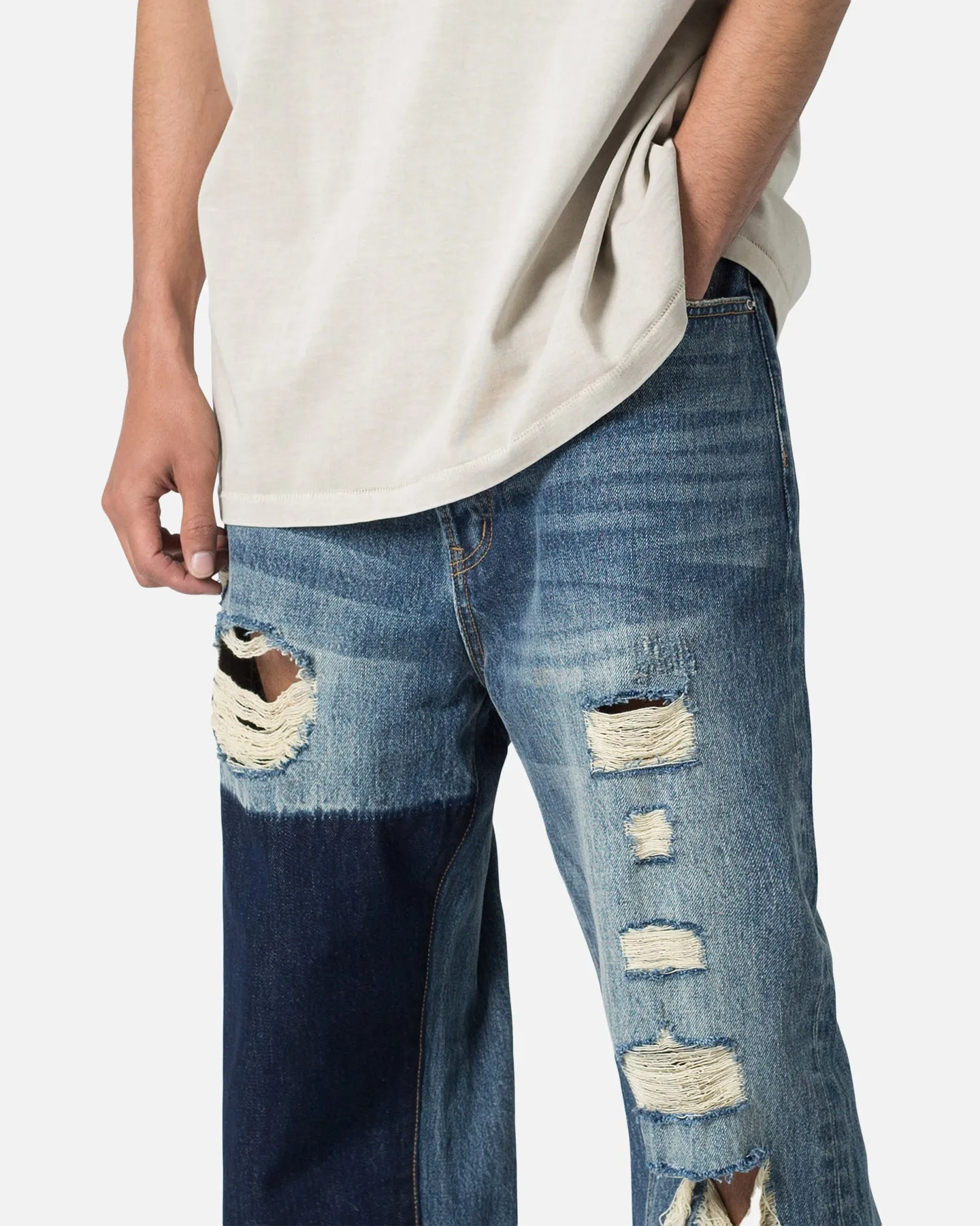 MNML Ultra Baggy Knee Thrashed Denim Jeans Blue