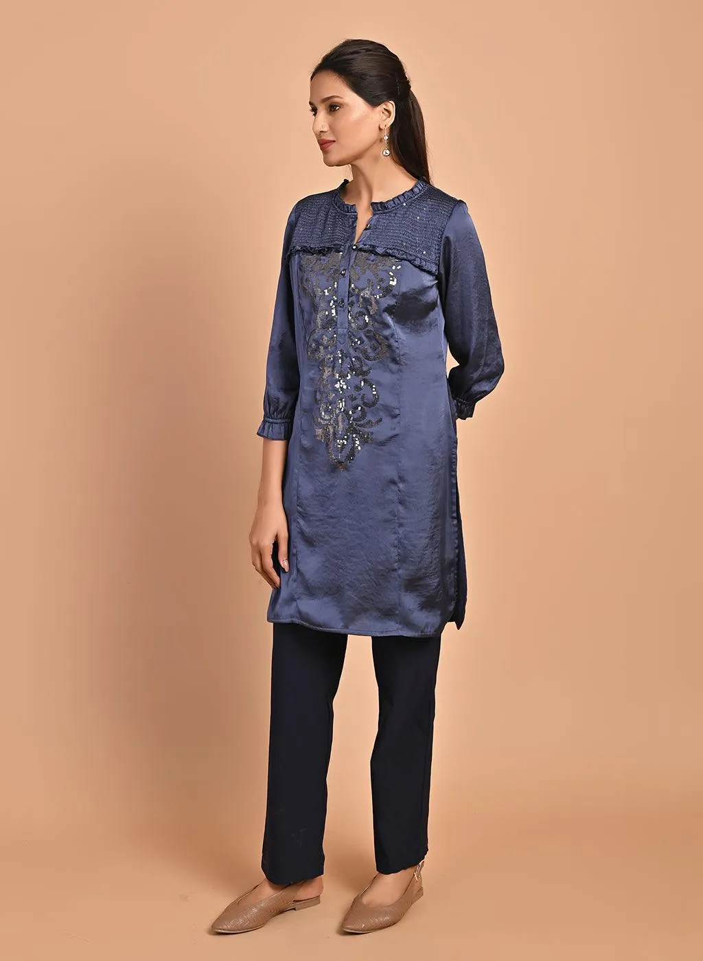 Navy Blue Satin Kurti with Sequin Work and Puff Sleeves