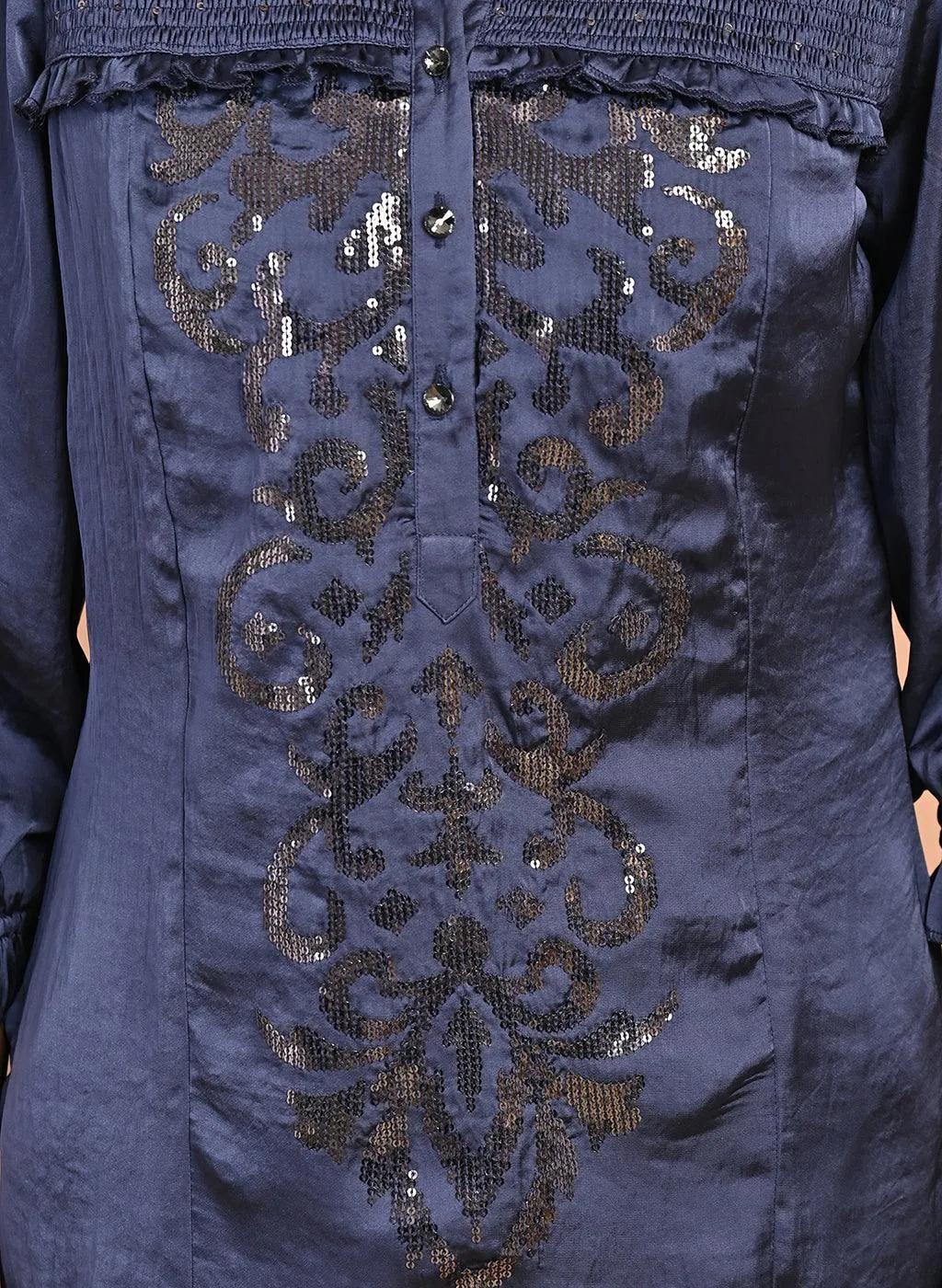 Navy Blue Satin Kurti with Sequin Work and Puff Sleeves