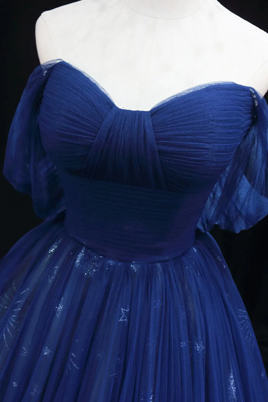 Navy Blue Tulle Long Prom Dress, Beautiful Off the Shoulder A-Line Backless Formal Dress