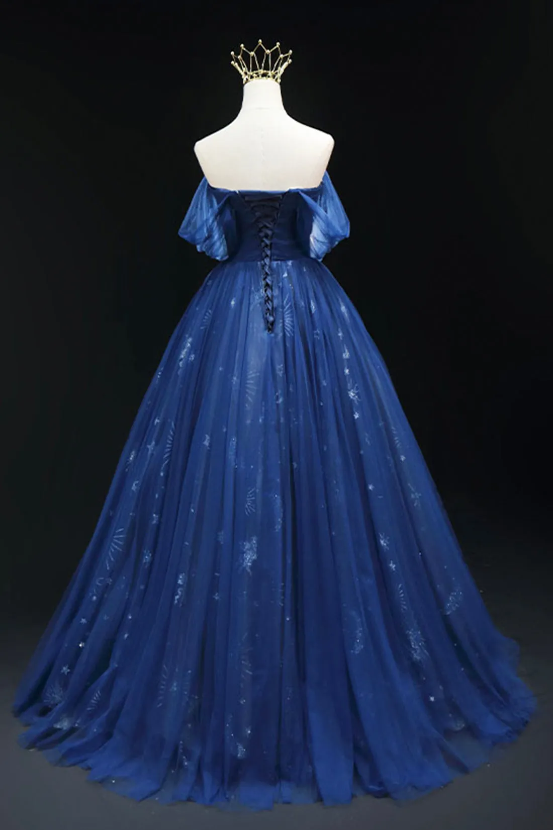 Navy Blue Tulle Long Prom Dress, Beautiful Off the Shoulder A-Line Backless Formal Dress