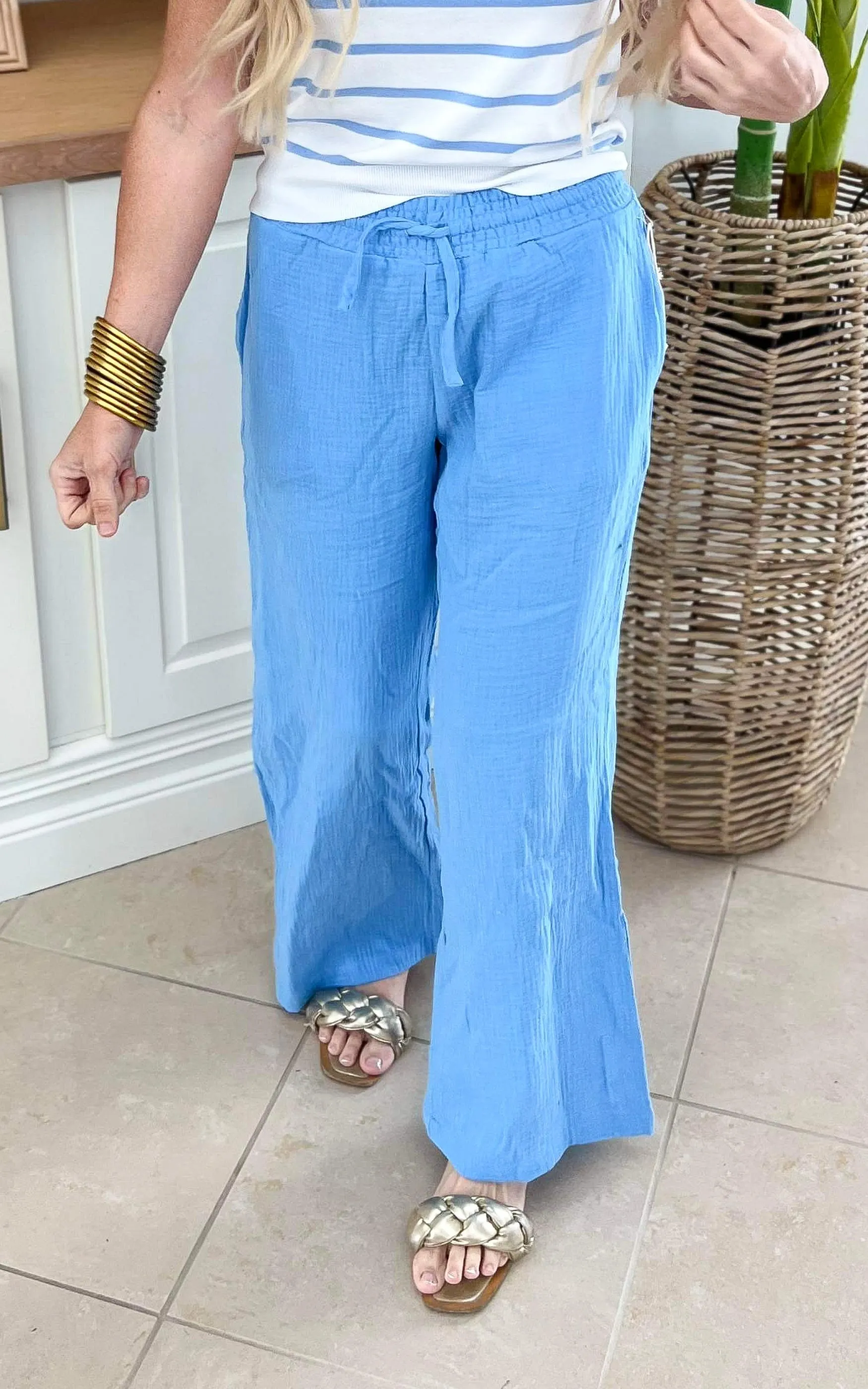 Ocean Blue Gauze Wide Leg Pants - Final Sale