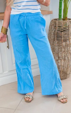 Ocean Blue Gauze Wide Leg Pants - Final Sale