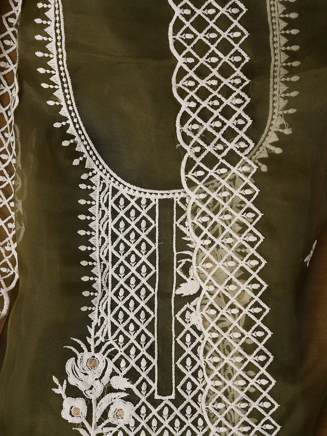 Olive Green Unstitched Embroidered Organza Dress Material With Dupatta