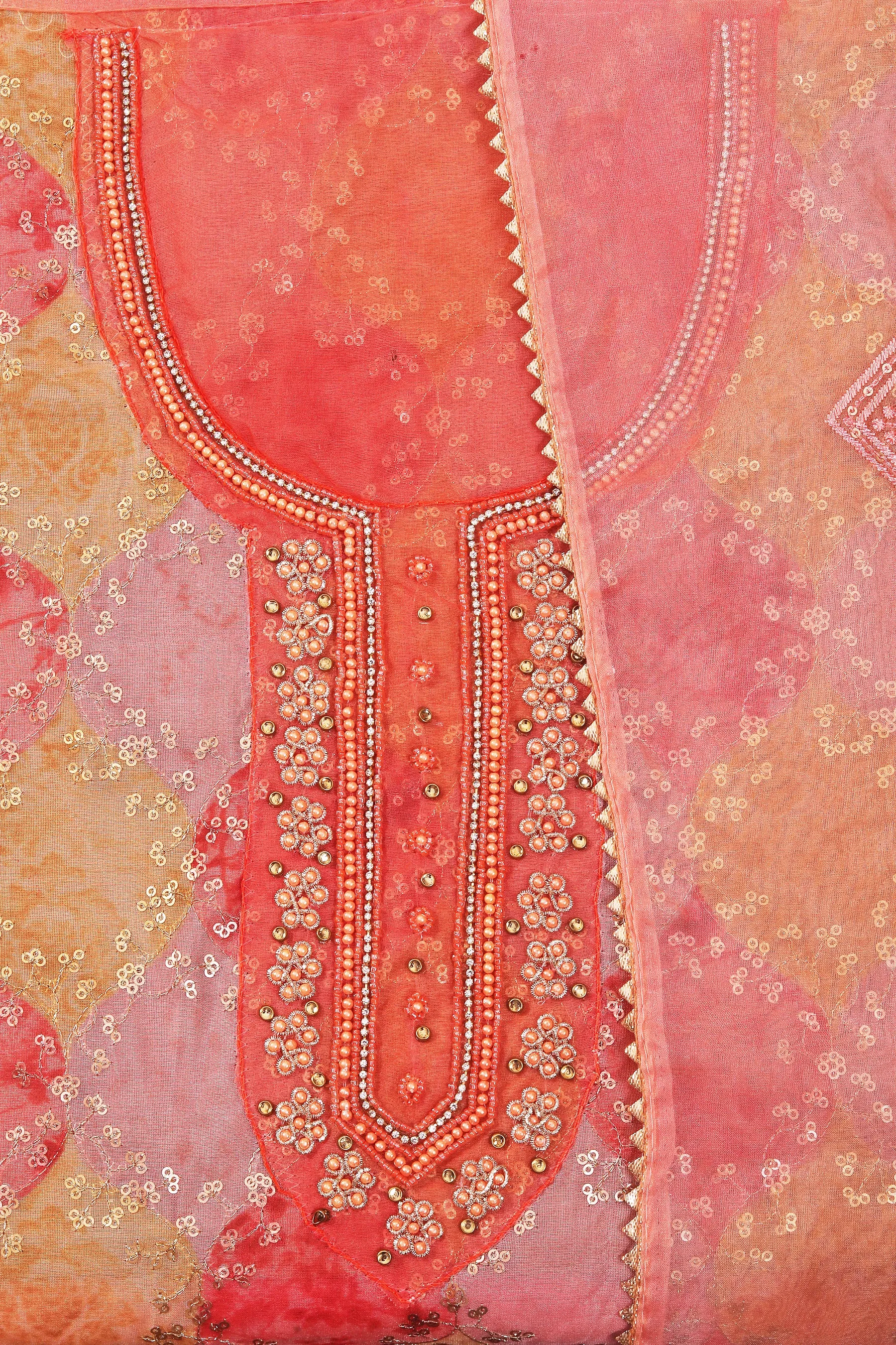 Orange Sequinned Organza Dress Material With Embellished Dupatta