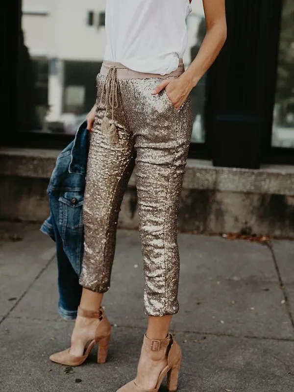 Pants Sequined Pocket Elastic Waist Belted Pants for Women