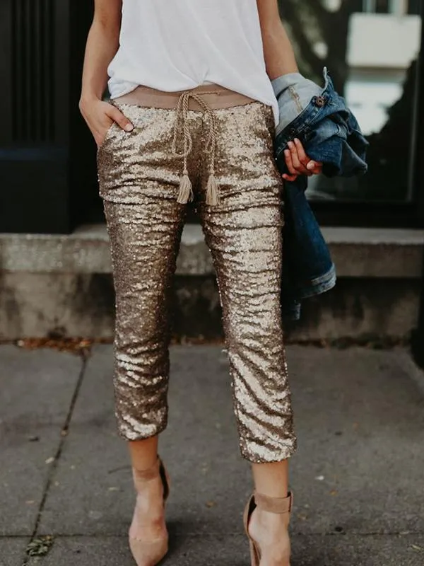 Pants Sequined Pocket Elastic Waist Belted Pants for Women