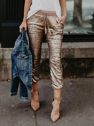 Pants Sequined Pocket Elastic Waist Belted Pants for Women