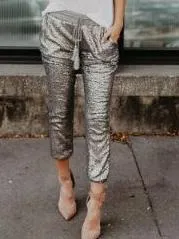 Pants Sequined Pocket Elastic Waist Belted Pants for Women