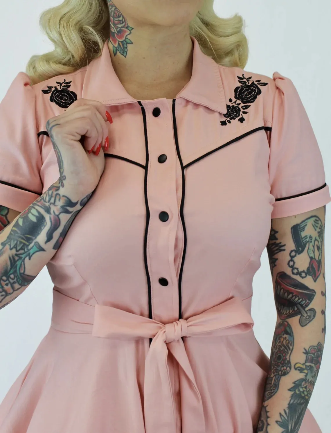 Pink Black Rose Vintage Rockabilly Western Country Women Dress #E-PRWD