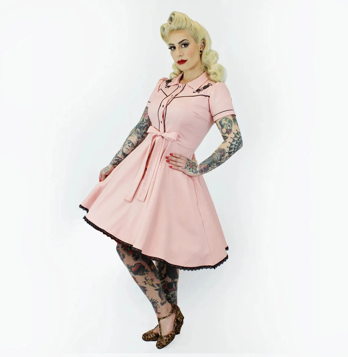 Pink Black Rose Vintage Rockabilly Western Country Women Dress #E-PRWD