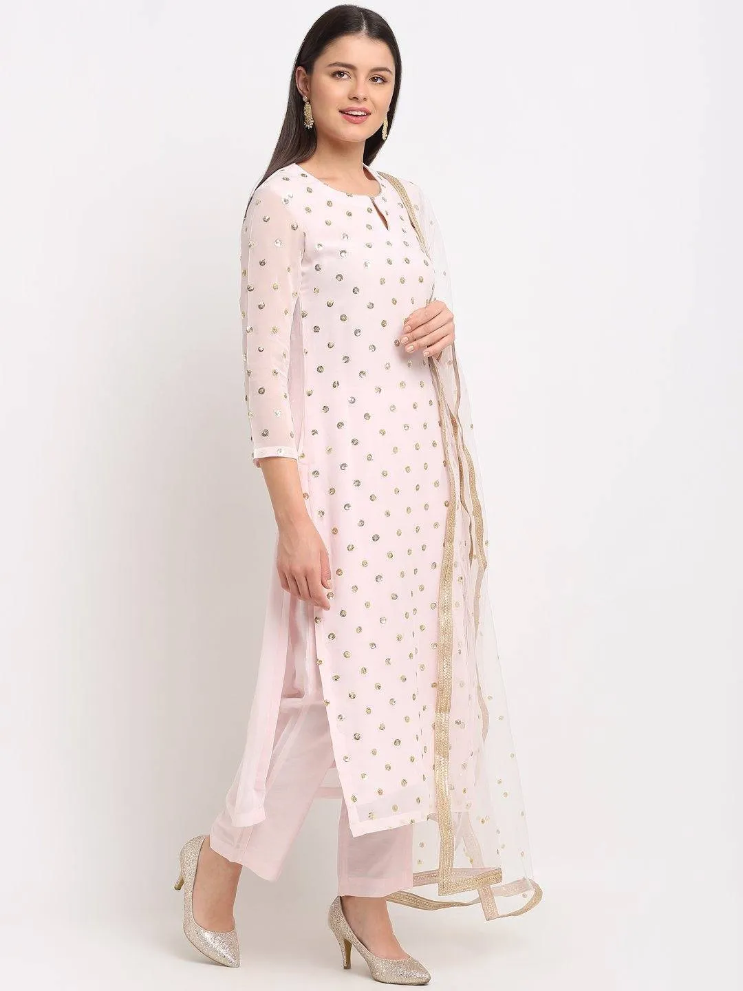 Pink Sequined Kurti Set with Dupatta