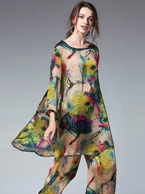 Plus Size Loose Floral Shirt And Wide Leg Pants