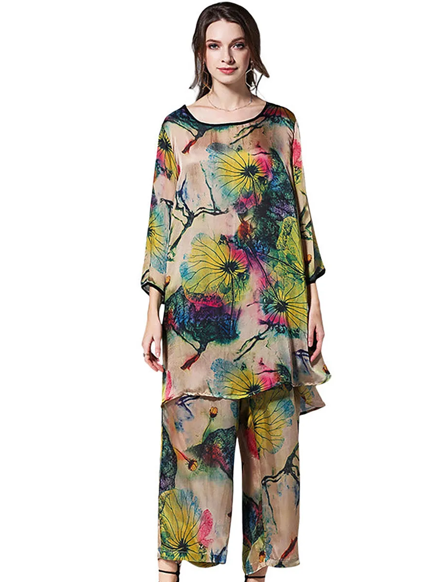 Plus Size Loose Floral Shirt And Wide Leg Pants