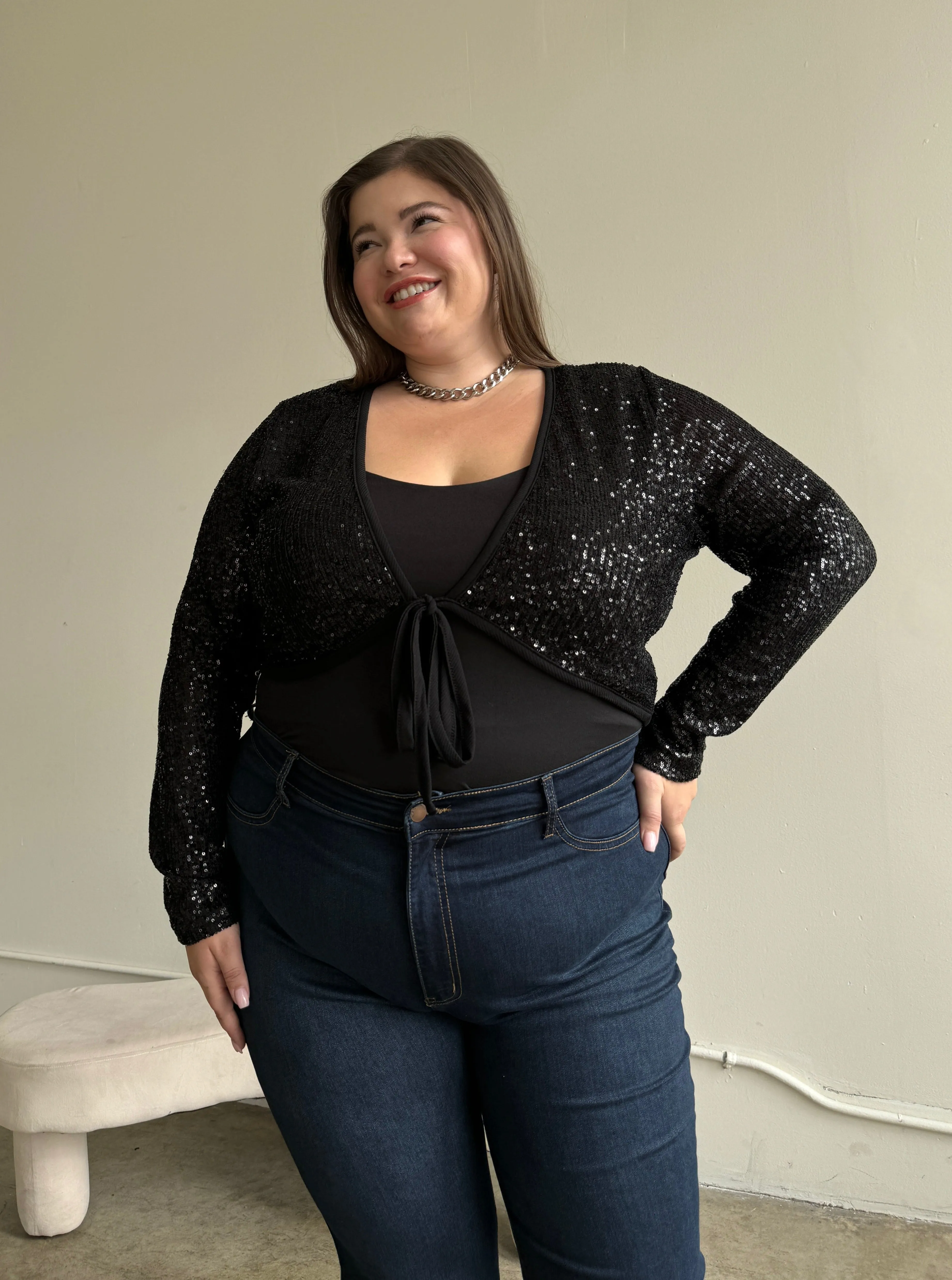 Plus Size Sparkly Sequin Tie Front Top