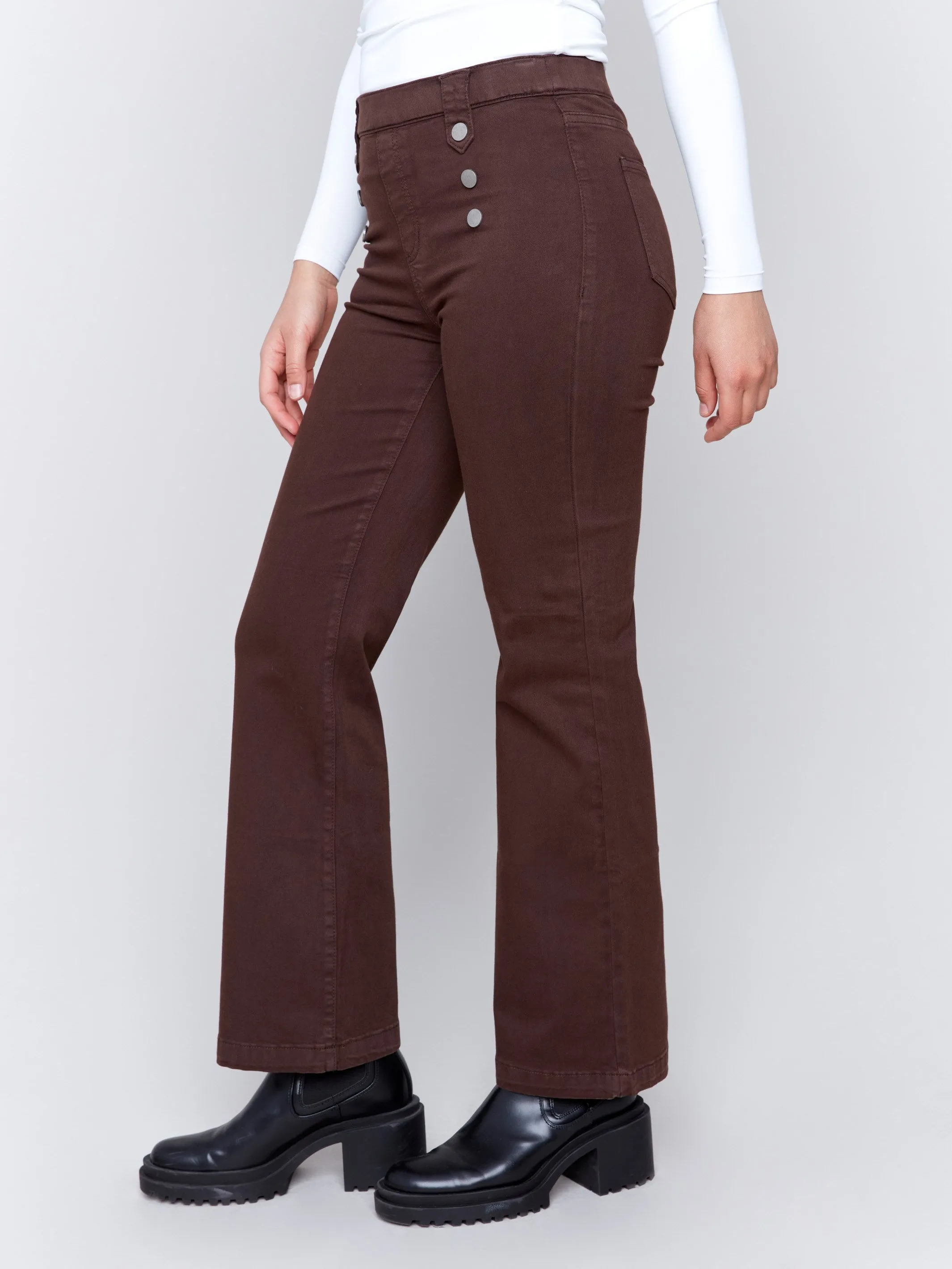 Pull-On Flare Twill Pants with Front Buttons - Mocha