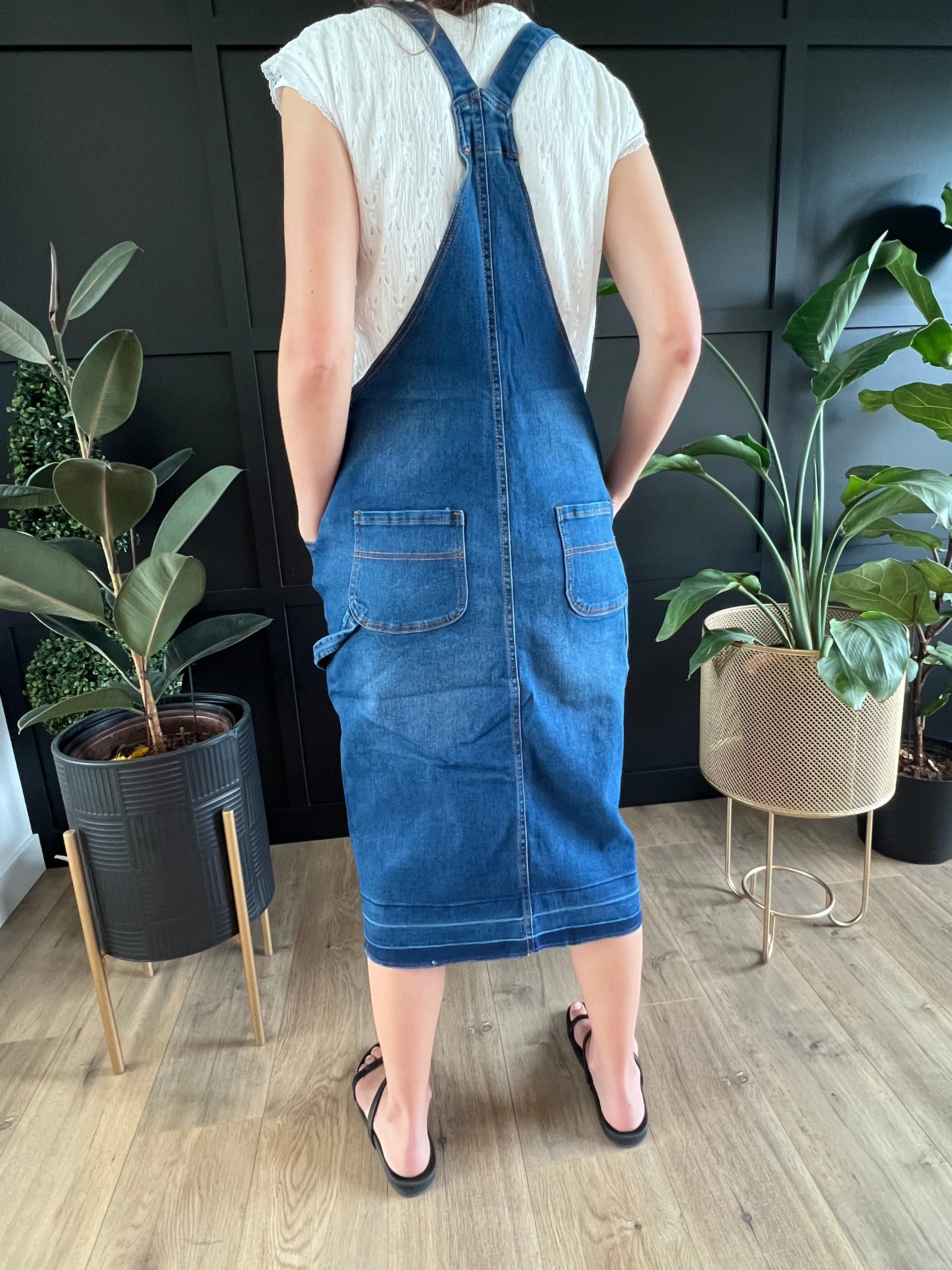 "Aubrey" Indigo Midi Denim Overall Dress - CLEARANCE