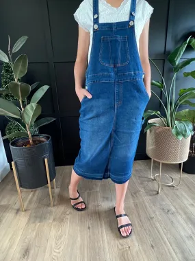 "Aubrey" Indigo Midi Denim Overall Dress - CLEARANCE