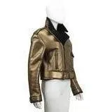 RALPH LAUREN Gold Leather & Black Shearling Belted Moto Jacket | US 10