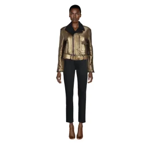 RALPH LAUREN Gold Leather & Black Shearling Belted Moto Jacket | US 10