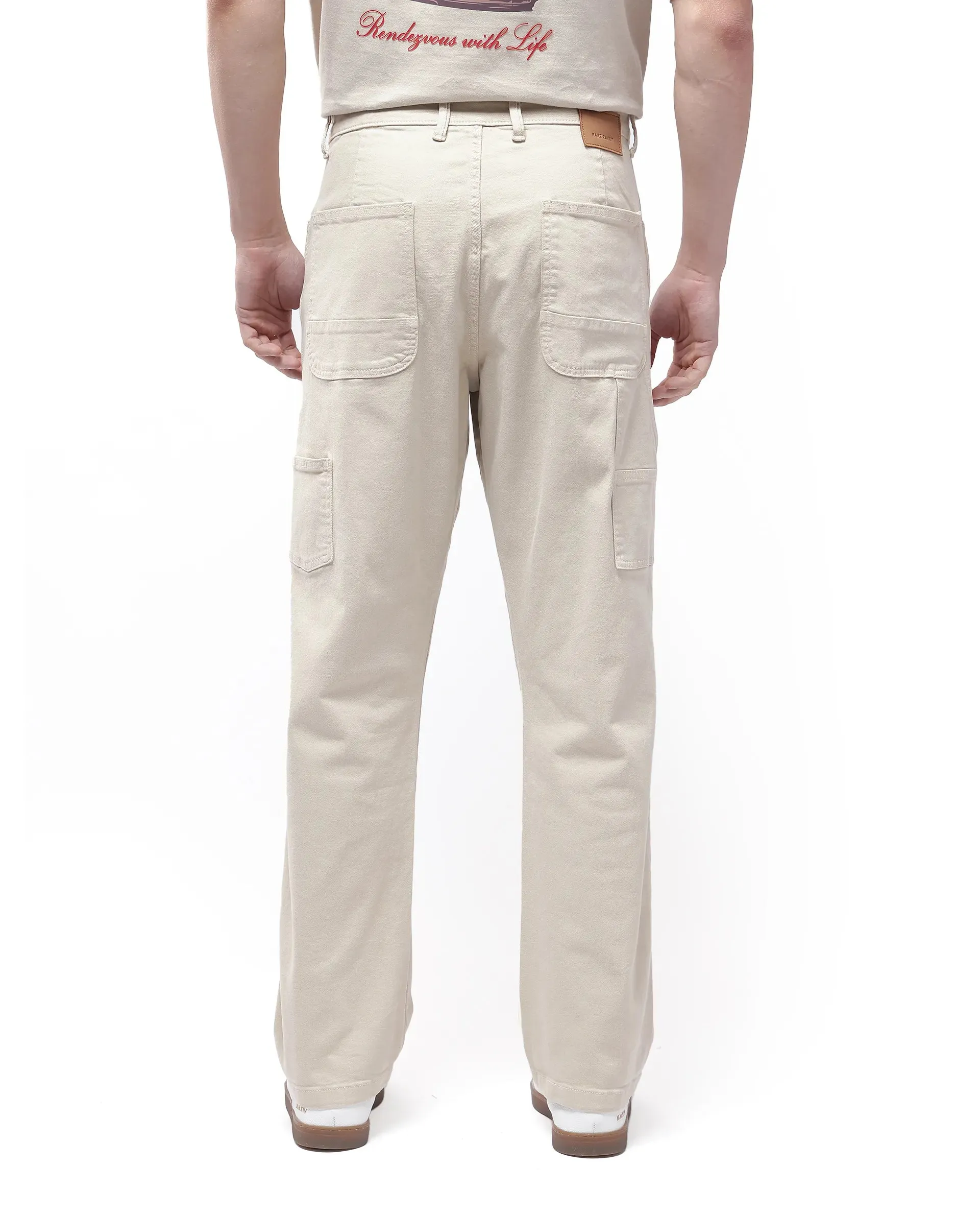 Rare Rabbit Men Arni Off White Cotton Viscose Garment Dyed Fabric Carpenter Fit Plain Denim Pant