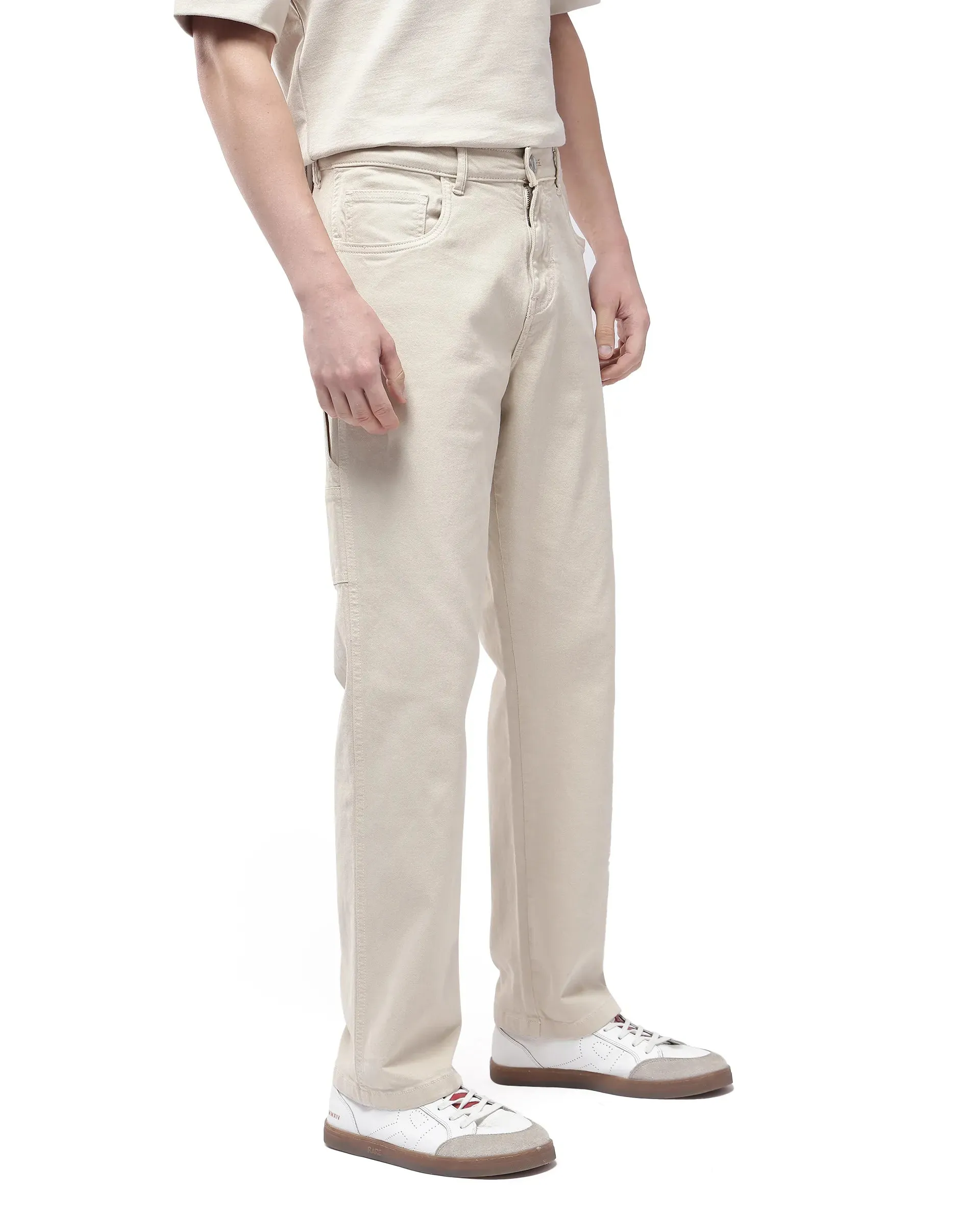 Rare Rabbit Men Arni Off White Cotton Viscose Garment Dyed Fabric Carpenter Fit Plain Denim Pant