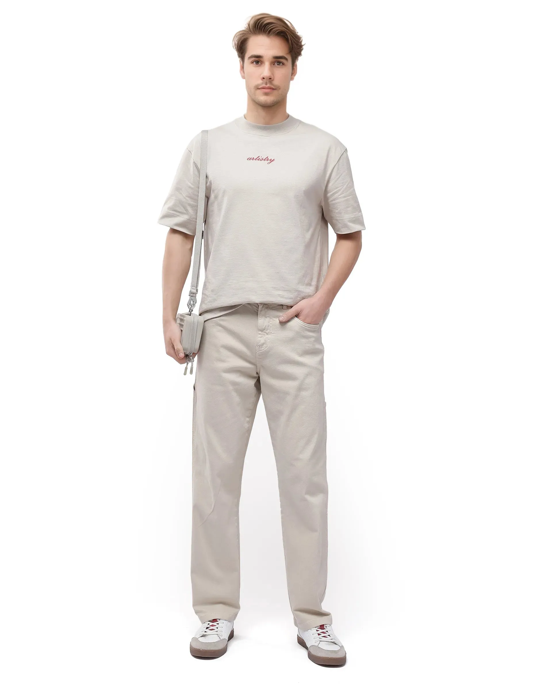 Rare Rabbit Men Arni Off White Cotton Viscose Garment Dyed Fabric Carpenter Fit Plain Denim Pant