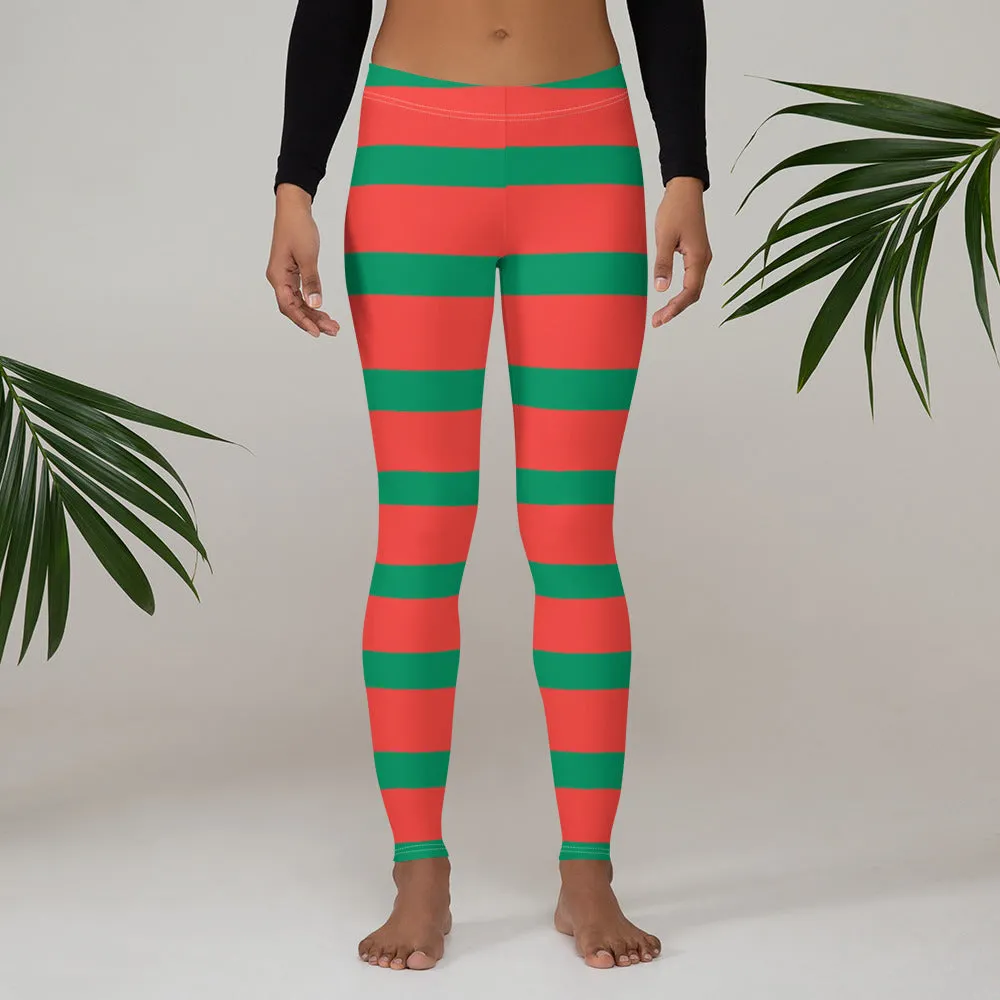 Red Green Striped Leggings for Women, Elf Christmas Xmas Holiday Costume Printed Graphic Yoga Pants Cute Workout Tights