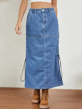 Relaxed Drawstring Denim Midi Skirt